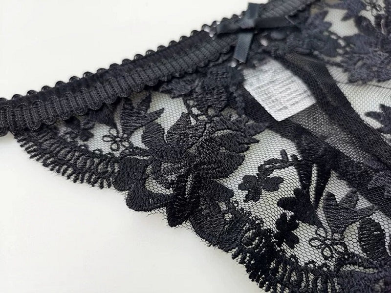 Black Floral Embroidery Thong
