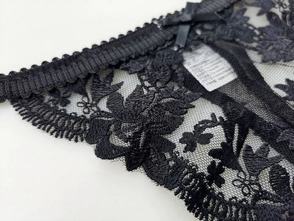 Black Floral Embroidery Thong