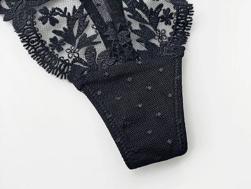 Black Floral Embroidery Thong
