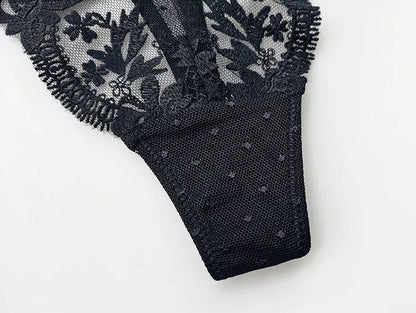 Black Floral Embroidery Thong